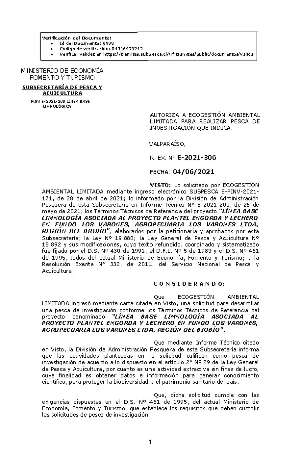 R. EX. Nº E-2021-306 LÍNEA BASE LIMNOLOGÍA ASOCIADA AL PROYECTO PLANTEL ENGORDA Y LECHERO EN FUNDO LOS VARONES, AGROPECUARIA LOS VARONES LTDA, REGIÓN DEL BIOBÍO. (Publicado en Página Web 04-06-2021)