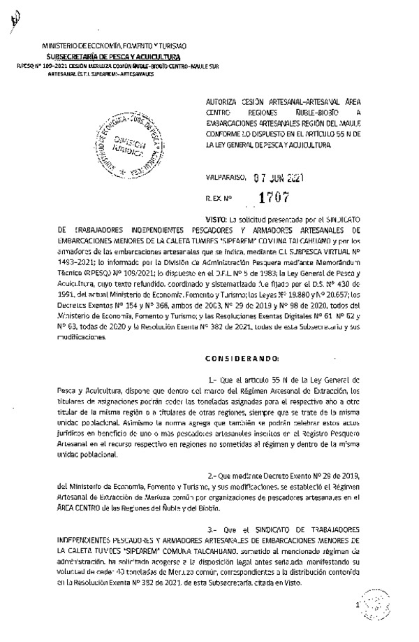 Res. Ex. N° 1707-2021 Autoriza cesión de Merluza Común Región de Ñuble- Biobío a Maule. (Publicado en Página Web 07-06-2021)