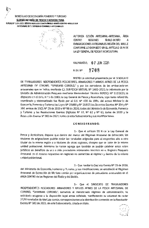 Res. Ex. N° 1708-2021 Autoriza cesión de Merluza Común Región de Ñuble- Biobío a Maule. (Publicado en Página Web 07-06-2021)