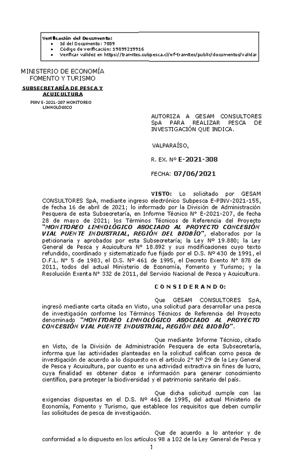 R. EX. Nº E-2021-308 MONITOREO LIMNOLÓGICO ASOCIADO AL PROYECTO CONCESIÓN VIAL PUENTE INDUSTRIAL, REGIÓN DEL BIOBÍO. (Publicado en Página Web 08-06-2021)