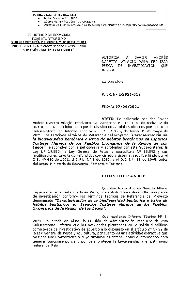 R. EX. Nº E-2021-312 Caracterización de la biodiversidad bentónica e íctica de hábitos bentónicos en Espacios Costeros Marinos de los Pueblos Originarios de la Región de Los Lagos. (Publicado en Página Web 08-06-2021)