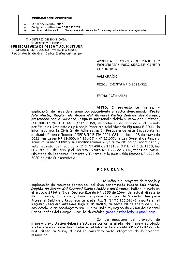 RESOL. EXENTA Nº E-2021-311 Aprueba Plan de Manejo. (Publicado en Página Web 08-06-2021)