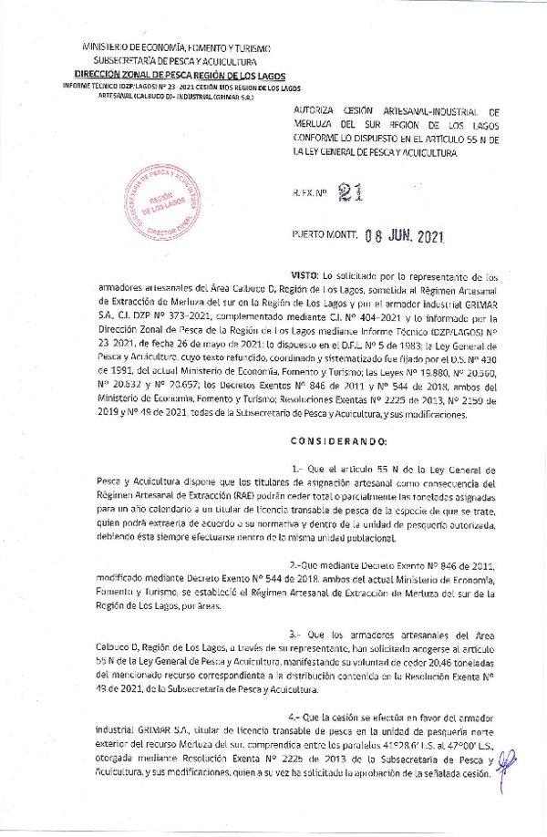 Res. Ex. N° 21-2021 (DZP Región de Los Lagos) Autoriza cesión Merluza del Sur (Publicado en Página Web 08-06-2021)