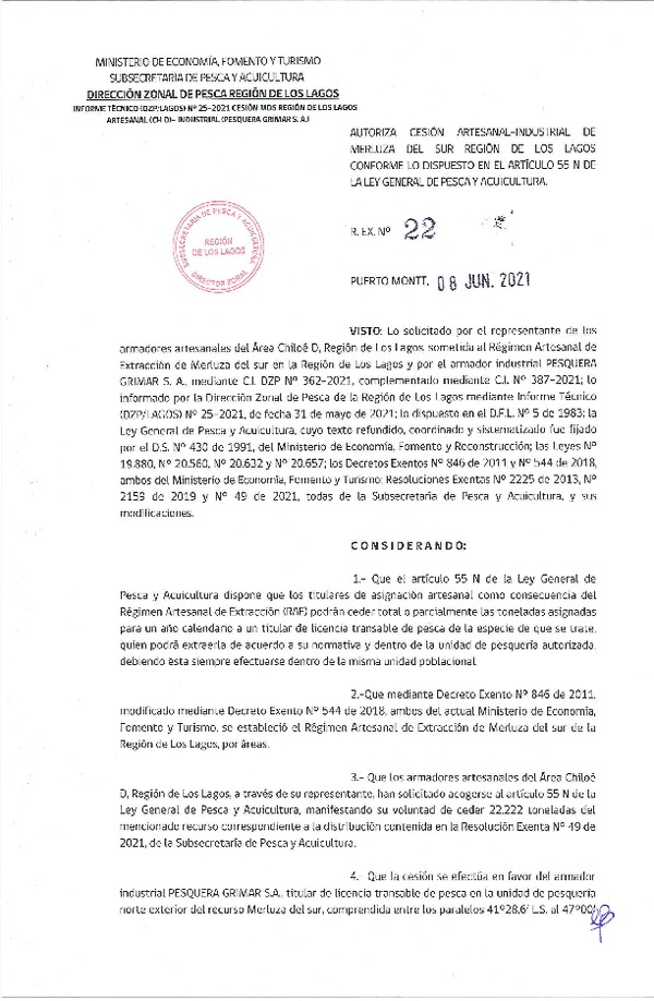 Res. Ex. N° 22-2021 (DZP Región de Los Lagos) Autoriza cesión Merluza del Sur (Publicado en Página Web 08-06-2021)
