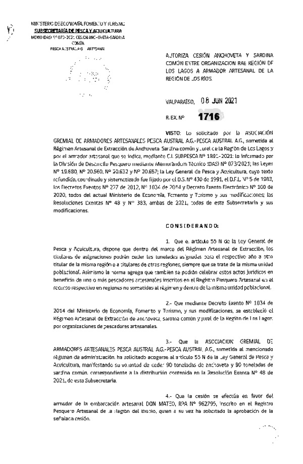 Res. Ex. N° 1716-2021 Autoriza Cesión Anchoveta y Sardina común, Región de Los Lagos a Región de Los Ríos. (Publicado en Página Web 08-06-2021).