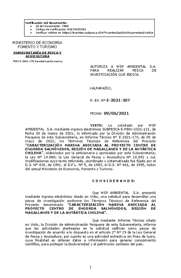 R. EX. Nº E-2021-307 CARACTERIZACIÓN MARINA ASOCIADA AL PROYECTO CENTRO DE ENGORDA SALMÓNIDOS, REGIÓN DE MAGALLANES Y DE LA ANTÁRTICA CHILENA. (Publicado en Página Web 10-06-2021)