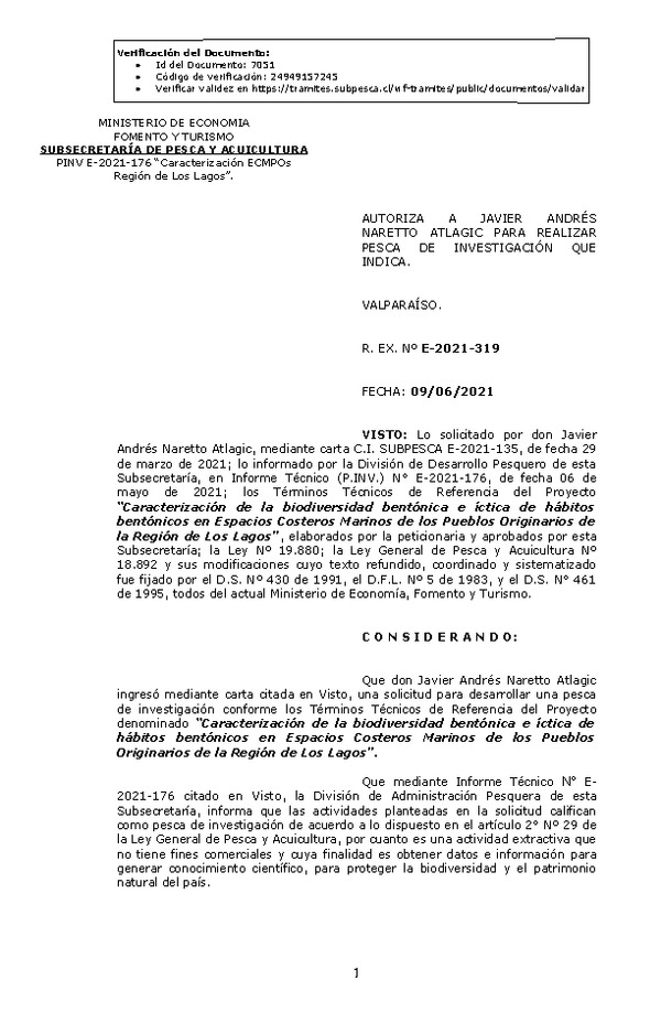 R. EX. Nº E-2021-319 Caracterización de la biodiversidad bentónica e íctica de hábitos bentónicos en Espacios Costeros Marinos de los Pueblos Originarios de la Región de Los Lagos. (Publicado en Página Web 10-06-2021)