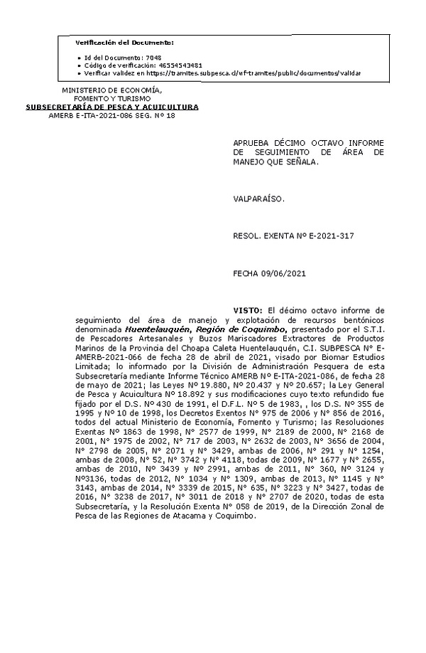 RESOL. EXENTA Nº E-2021-317 Aprueba 18° Seguimiento. (Publicado en Página Web 10-06-2021)