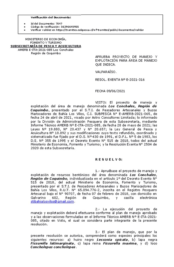 RESOL. EXENTA Nº E-2021-316 Aprueba Plan de manejo. (Publicado en Página Web 10-06-2021)