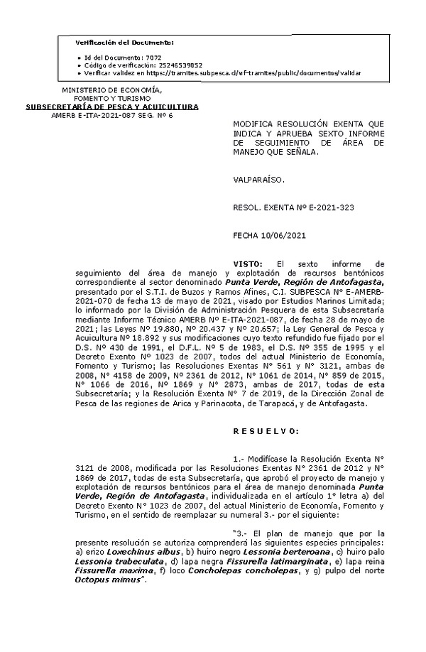 RESOL. EXENTA Nº E-2021-323 Modifica resolución que indica, Aprueba 6° Seguimiento. (Publicado en Página Web 10-06-2021)