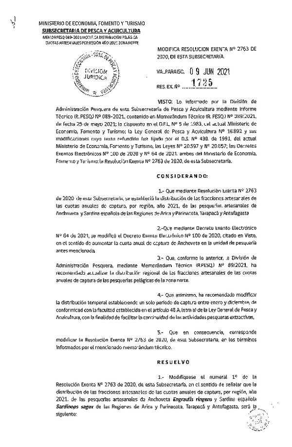 Res. Ex. N° 1725-2021 Modifica Res. Ex. N° 2763-2020 Establece Distribución de las Fracciones Artesanales de Anchoveta y Sardina Española Zona Norte, Por Región, Año 2021. (Publicado en Página Web 10-06-2021)