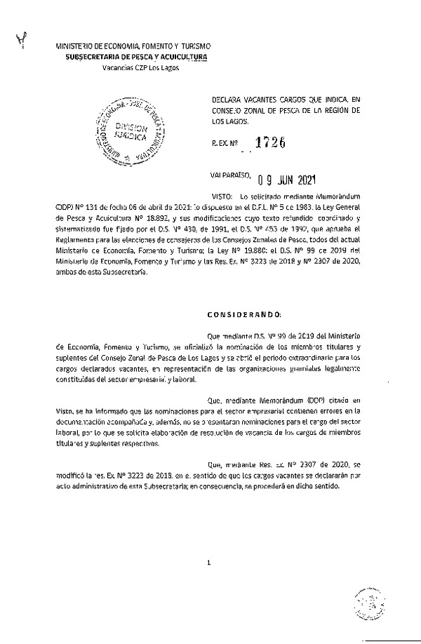 Res. Ex. N° 1726-2021 Declara Vacantes Cargos que Indica, en Consejos Zonales de la Región de Los Lagos. (Publicado en Página Web 10-06-2021)