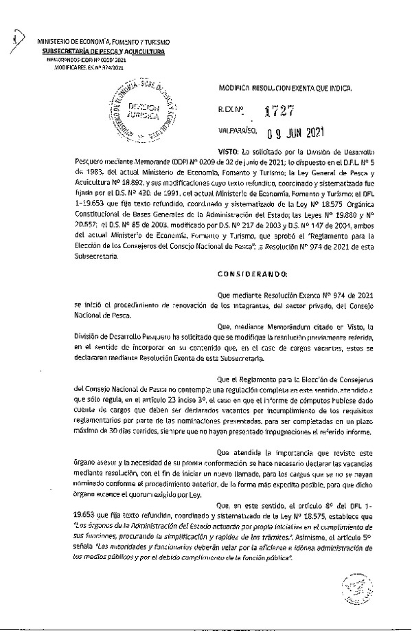 Res. Ex. N° 1727-2021 Modifica Res. Ex. N° 974-2021 Inicia Proceso de Nominación de los Miembros Titulares y Suplentes en el Consejo Nacional de Pesca en Cargos que se Indican. (Publicado en Página Web 10-06-2021)