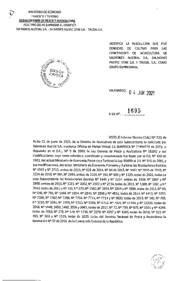 Res. Ex. N° 1695-2021 Modifica Res. Ex. 159-2021 Fija densidad de cultivo para concesiones de acuicultura de titularidades que Indica. (Con Informe Técnico) (Publicado en Página Web 04-06-2021)