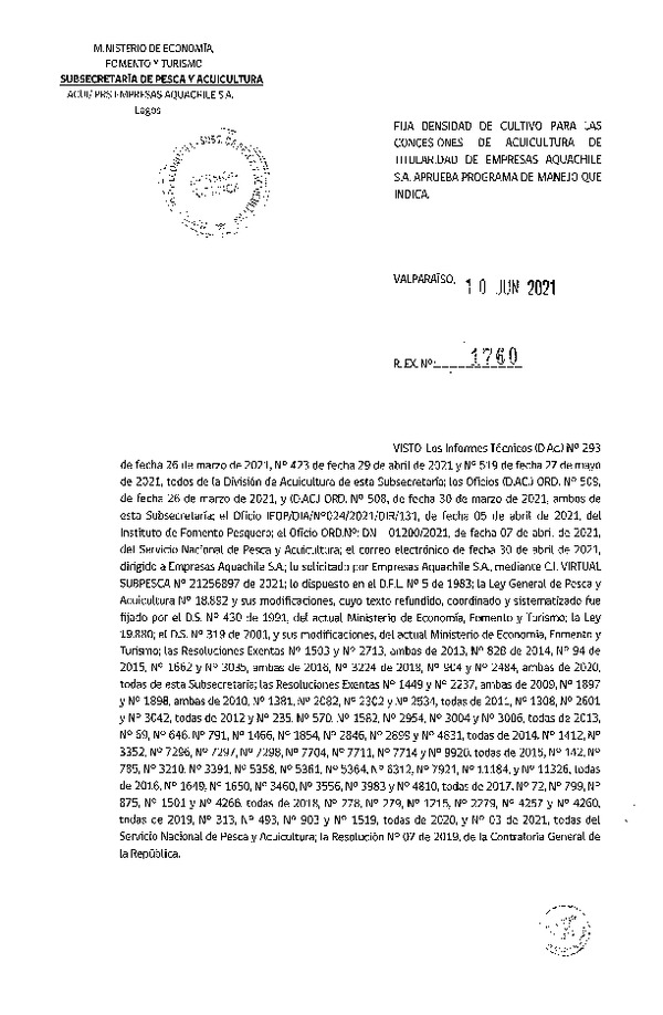 Res. Ex. N° 1760-2021 Fija densidad de cultivo para concesiones de acuicultura de titularidad de Empresas Aquachile S.A. (Con Informe Técnico) (Publicado en Página Web 11-06-2021)