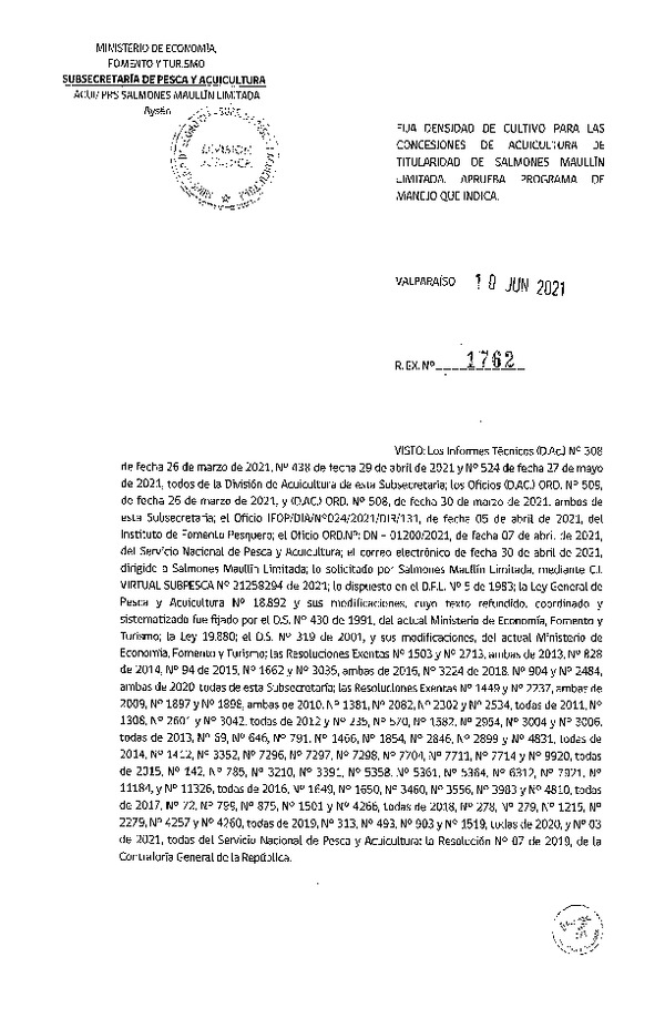 Res. Ex. N° 1762-2021 Fija densidad de cultivo para concesiones de acuicultura de titularidad de Salmones Maullín Limitada. (Con Informe Técnico) (Publicado en Página Web 11-06-2021)