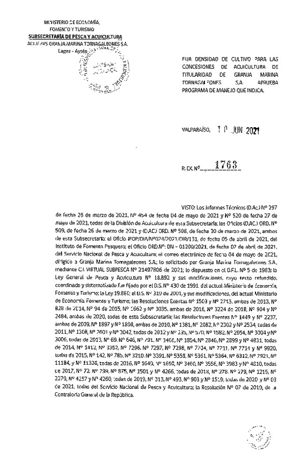 Res. Ex. N° 1763-2021 Fija densidad de cultivo para concesiones de acuicultura de titularidad de Granja Marina Tornagaleones S.A. (Con Informe Técnico) (Publicado en Página Web 11-06-2021)