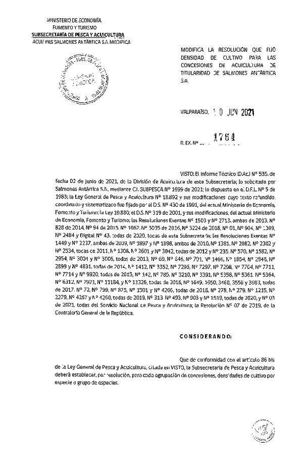 Res. Ex. N° 1764-2021 Modifica 	Res. Ex. N° 1-2020 Fija densidad de cultivo para concesiones de acuicultura de titularidad. (Con Informe Técnico) (Publicado en Página Web 11-06-2021)
