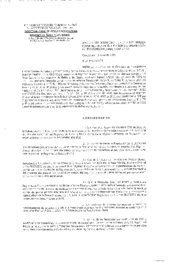 Res. Ex. N° 076-2021 (DZP Ñuble-Biobío) Autoriza Adelantamiento de Cuota RAE Merluza Común, Regiones de Ñuble y Biobío. (Publicado en Página Web 11-06-2021)