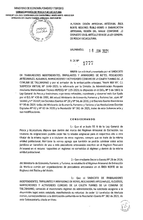 Res. Ex. N° 1777-2021 Autoriza cesión de Merluza Común Región de Ñuble- Biobío a Maule. (Publicado en Página Web 11-06-2021)