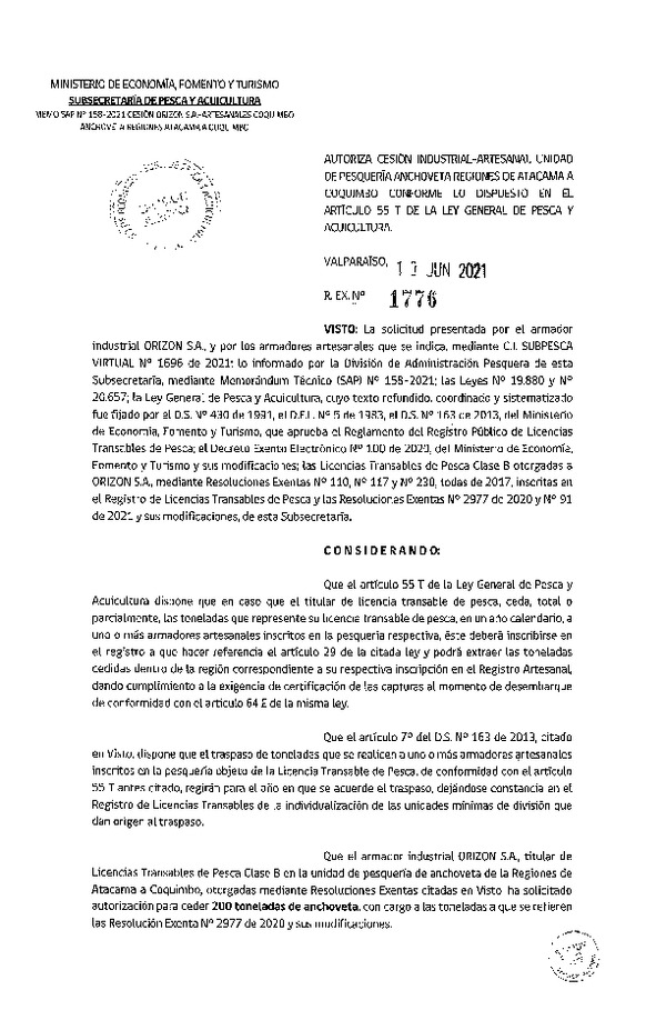 Res. Ex. N° 1776-2021 Autoriza Cesión Anchoveta, Regiones de Atacama a Coquimbo. (Publicado en Página Web 11-06-2021)