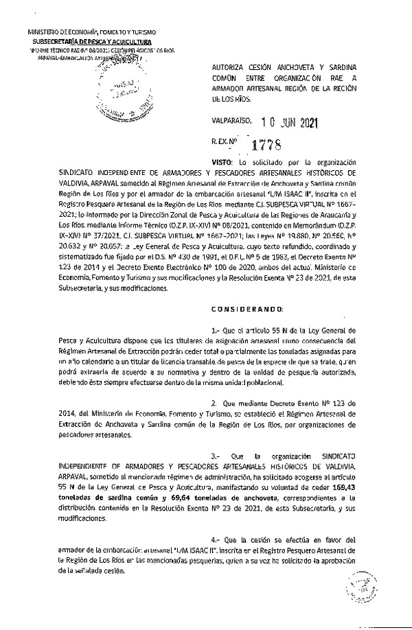 Res. Ex. N° 1778-2021 Autoriza Cesión Anchoveta y Sardina común, Región de Los Ríos. (Publicado en Página Web 11-06-2021).