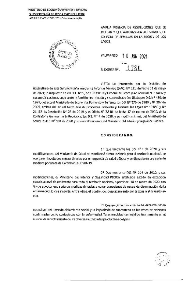 Res. Ex. N° 1780-2021 Amplia Vigencia de Resoluciones que se Indican y que Autorizaron Actividades de Colecta de Semillas en la Región de Los Lagos. (Publicado en Página Web 11-06-2021)