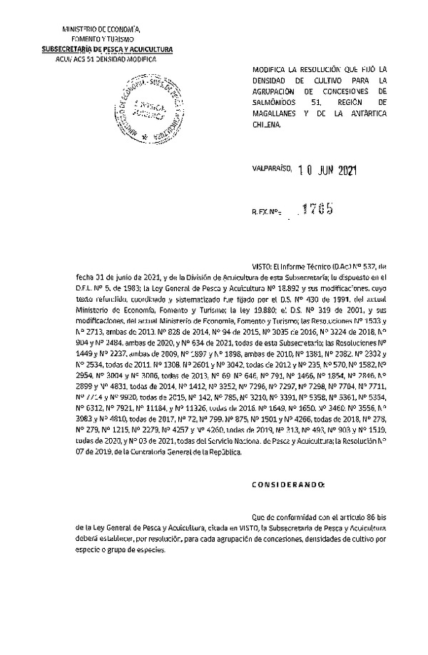 Res. Ex. N° 1765-2021 Modifica 	Res. Ex N° 634-2021 Fija densidad de cultivo para la agrupación de concesiones de Salmónidos 51, Región de Magallanes y de La Antártica Chilena. (Con Informe Técnico) (Publicado en Página Web 11-06-2021)