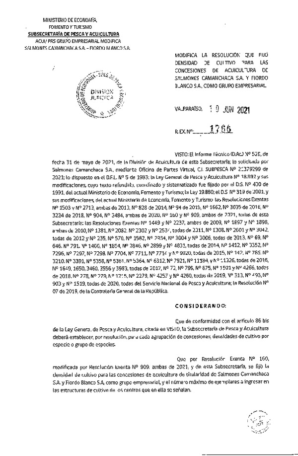 Res. Ex. N° 1766-2021 Modifica Res. Ex. 160-2021 Fija densidad de cultivo para concesiones de acuicultura de titularidad como grupo empresarial que señala. (Con Informe Técnico) (Publicado en Página Web 11-06-2021)