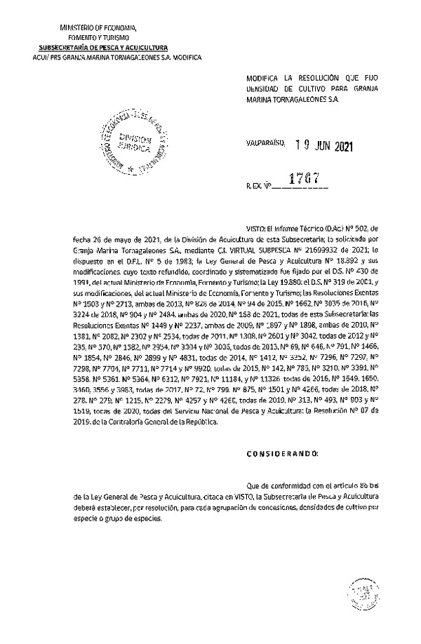 Res. Ex. N° 1767-2021 Modifica Res. Ex. 168-2021 Fija densidad de cultivo para concesiones de acuicultura de Granja Marina Tornagaleones S.A.. (Con Informe Técnico) (Publicado en Página Web 11-06-2021)