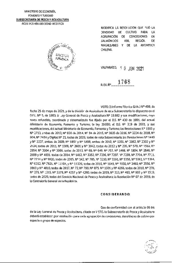 Res. Ex. N° 1768-2021 Modifica Res Ex N° DIG 021-2020, Fija densidad de cultivo para las agrupación de concesiones de salmónidos 49B. (Publicado en Página Web 11-06-2021).