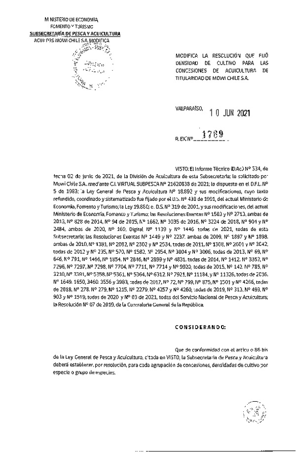 Res. Ex. N° 1769-2021 Modifica Res. Ex. 169-2021 Fija densidad de cultivo para concesiones de acuicultura de Mowi Chile S.A. (Publicado en Página Web 11-06-2021)