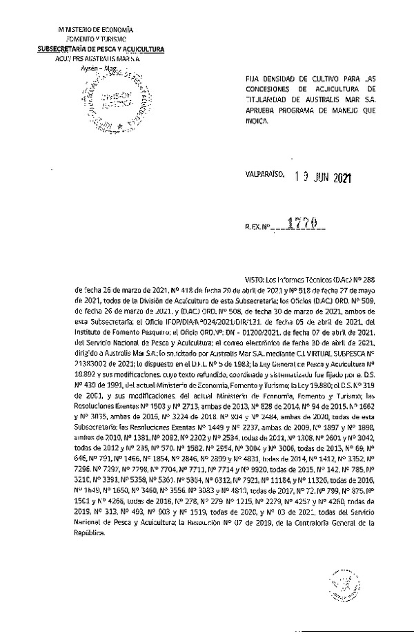 Res. Ex. N° 1770-2021 Fija densidad de cultivo para concesiones de acuicultura de Australis Mar S.A. (Publicado en Página Web 11-06-2021)