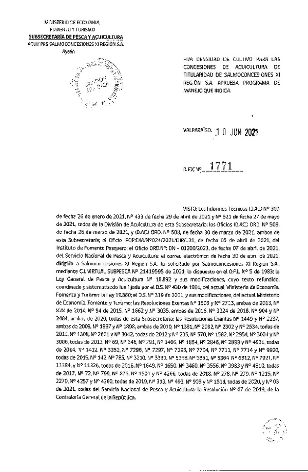 Res. Ex. N° 1771-2021 Fija densidad de cultivo para concesiones de acuicultura de Salmoconcesiones XI Región S.A. (Publicado en Página Web 11-06-2021)