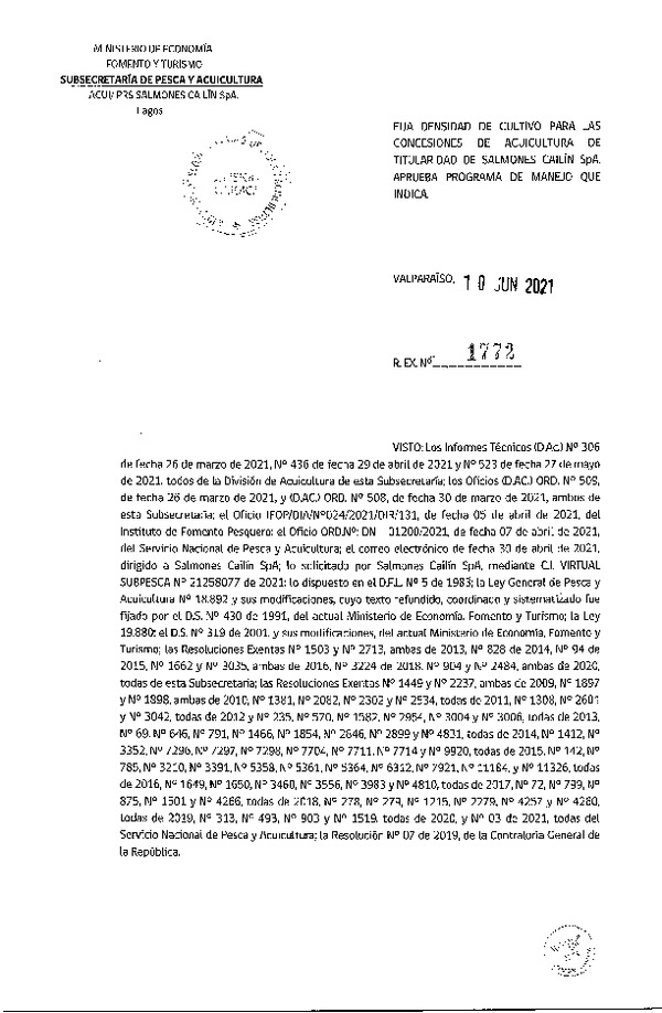 Res. Ex. N° 1772-2021 Fija densidad de cultivo para concesiones de acuicultura de Salmones Cailín SpA  (Publicado en Página Web 11-06-2021)