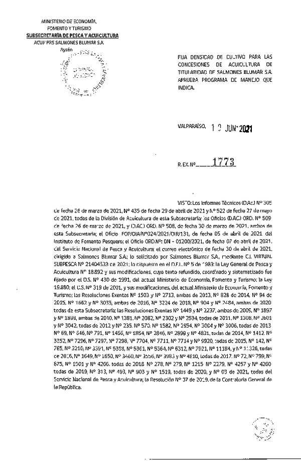 Res. Ex. N° 1773-2021 Fija densidad de cultivo para concesiones de acuicultura de Salmones Blumar S.A. (Publicado en Página Web 11-06-2021)