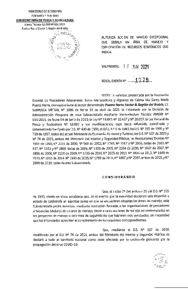 Res. Ex. N° 1779-2021 Autoriza acción de manejo excepcional que señala. (Publicado en Página Web 15-06-2021)