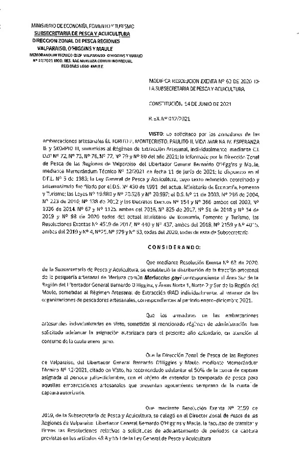 Res. Ex. N° 012-2021 (DZP Regiones de Valparaíso -O'Higgins y Maule) Modifica Res. Ex. DIG N° 63-2020 Distribución de la Fracción Artesanal de Pesquería de Merluza común Individual, Región del Maule. (Publicado en Página Web 16-06-2021)