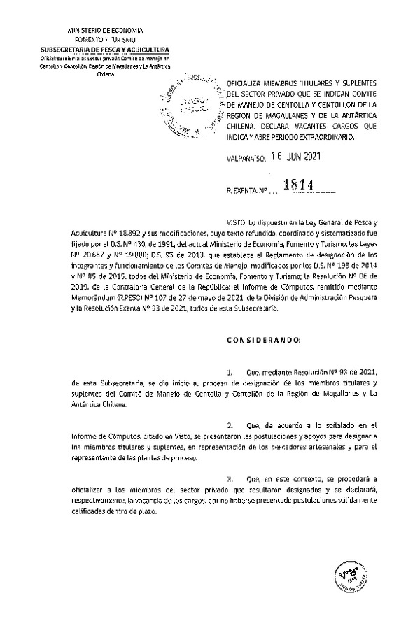 Res. Ex. N° 1814-2021 Oficializa Miembros Titulares y Suplentes del Sector Privado que se Indican Comité de Manejo de Centolla y Centollón de la Región de Magallanes y de La Antártica Chilena. (Publicado en Página Web 17-06-2021)