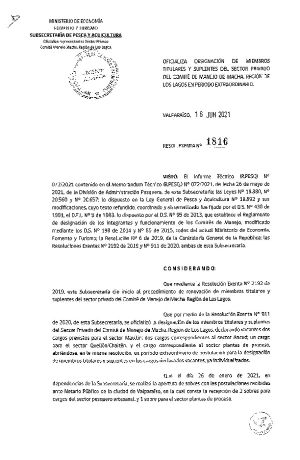 Res. Ex. N° 1816-2021 Oficializa Designación de Miembros Titulares y Suplentes del Sector Privado del Comité de Manejo de Macha, Región de Los Lagos. (Publicado en Página Web 17-06-2021)