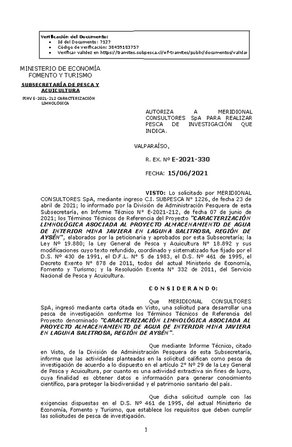 R. EX. Nº E-2021-330 CARACTERIZACIÓN LIMNOLÓGICA ASOCIADA AL PROYECTO ALMACENAMIENTO DE AGUA DE INTERIOR MINA JAVIERA EN LAGUNA SALITROSA, REGIÓN DE AYSÉN. (Publicado en Página Web 17-06-2021)