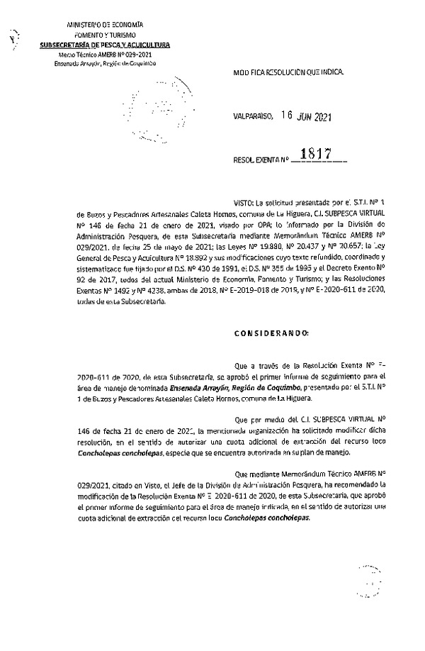 Res. Ex. N° 1817-2021 Modifica Res. Ex. N° E-2020-611. (Publicado en Página Web 17-06-2021)