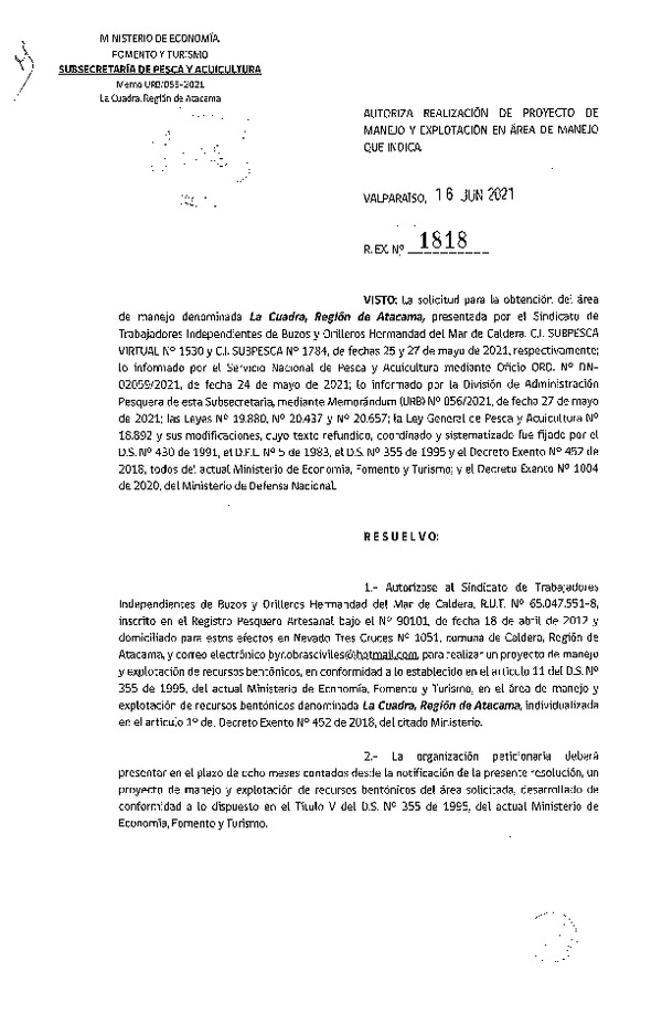 Res. Ex. N° 1818-2021 Autoriza Proyecto de manejo. (Publicado en Página Web 17-06-2021)