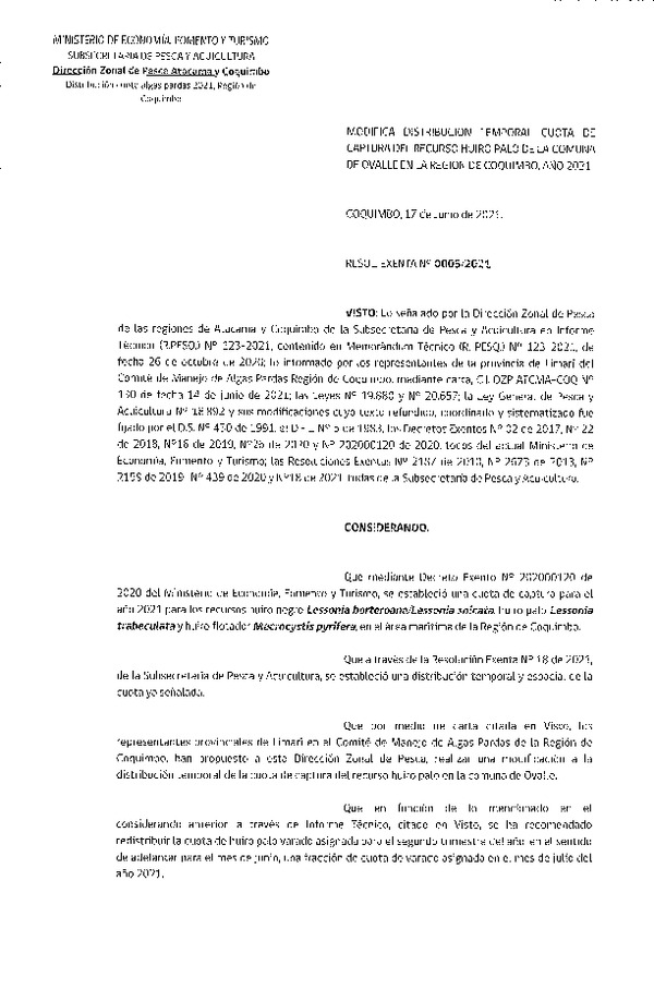 Res. Ex. N° 0005-2021 (DZP Atacama y Coquimbo) Modifica Res. Ex N° 18-2021 Establece distribución Cuota de los recursos Huiro Negro, Huiro Palo y Huiro Flotador en la Región de Coquimbo, año 2021 (Publicado en Página Web 18-06-2021)
