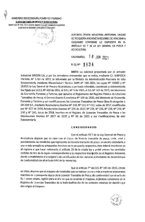 Res. Ex. N° 1834-2021 Autoriza Cesión Anchoveta, Regiones de Atacama a Coquimbo. (Publicado en Página Web 18-06-2021)