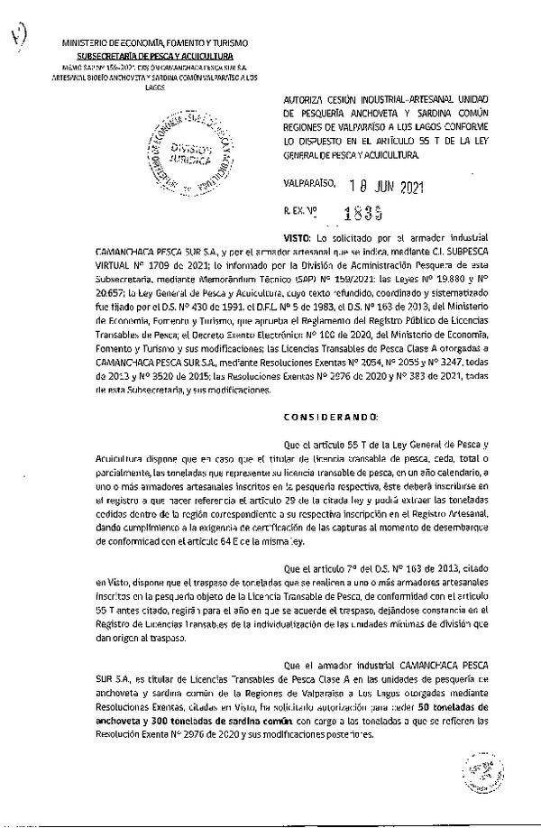 Res. Ex. N° 1835-2021 Autoriza Cesión Anchoveta y Sardina común, Regiones de Valparaíso a Los Lagos. (Publicado en Página Web 18-06-2021)