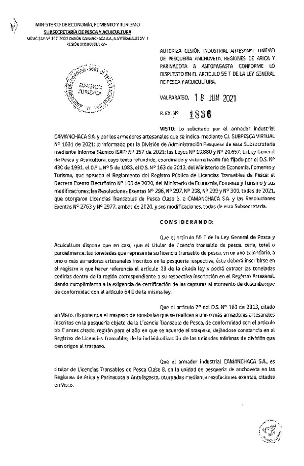 Res. Ex. N° 1836-2021 Autoriza Cesión Anchoveta, Regiones de Arica y Parinacota a Región de Antofagasta. (Publicado en Página Web 18-06-2021)