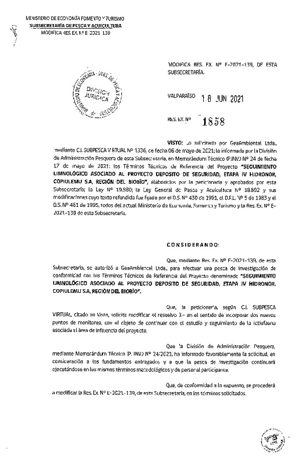 Res. Ex. N° 1858-2021 Modifica R. EX. Nº E-2021-139 Seguimiento Limnológico Asociado al Proyecto Deposito de Seguridad, Etapa IV Hidronor, Copiulemu S.A, Región del Biobío. (Publicado en Página Web 22-06-2021)