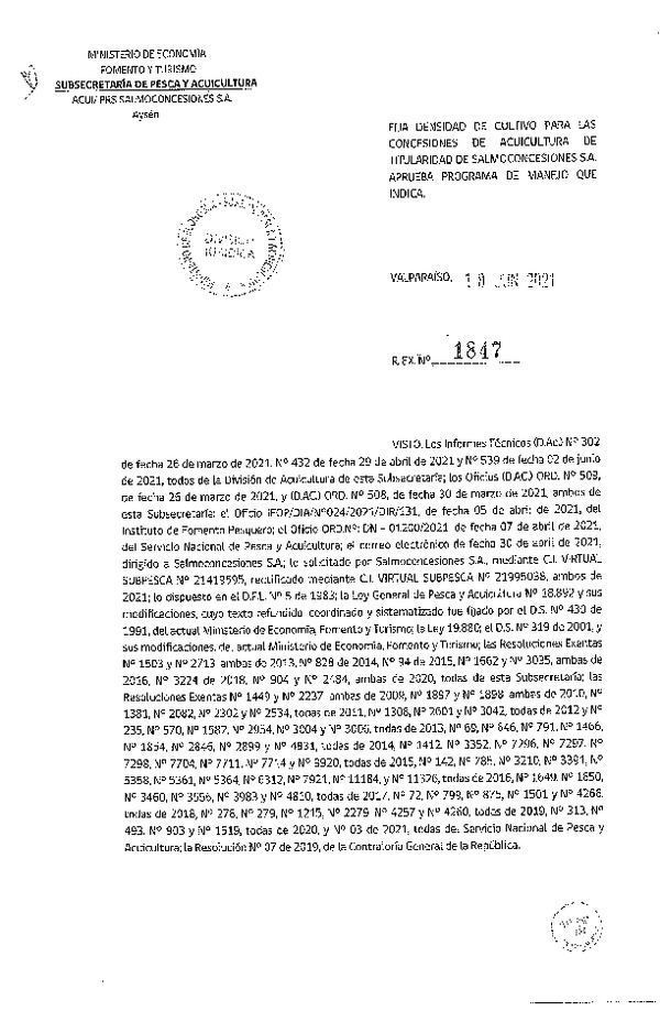 Res. Ex. N° 1847-2021 Fija densidad de cultivo para concesiones de acuicultura de Salmoconcesiones S.A. (Con Informe Técnico) (Publicado en Página Web 22-06-2021)