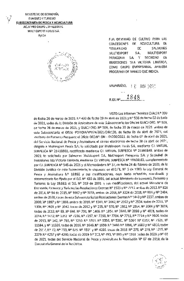 Res. Ex. N° 1848-2021 Fija densidad de cultivo para las concesiones de acuicultura de Titularidad como grupo empresarial que señala.(Con Informe Técnico) (Publicado en Página Web 22-06-2021)